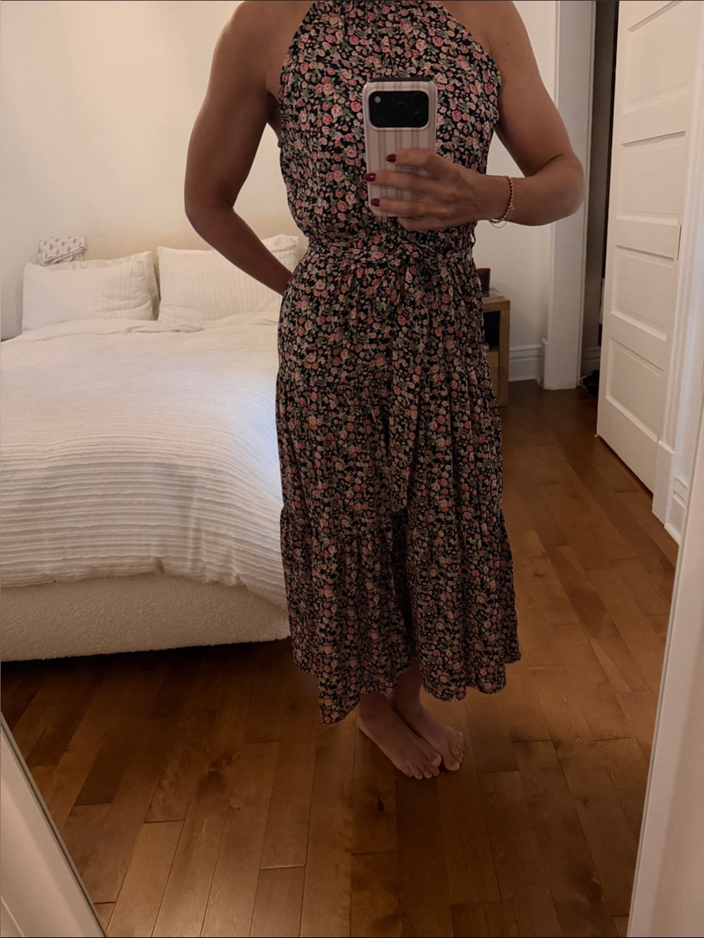 SHEIN Black Midi Dress with Pink Floral Print
